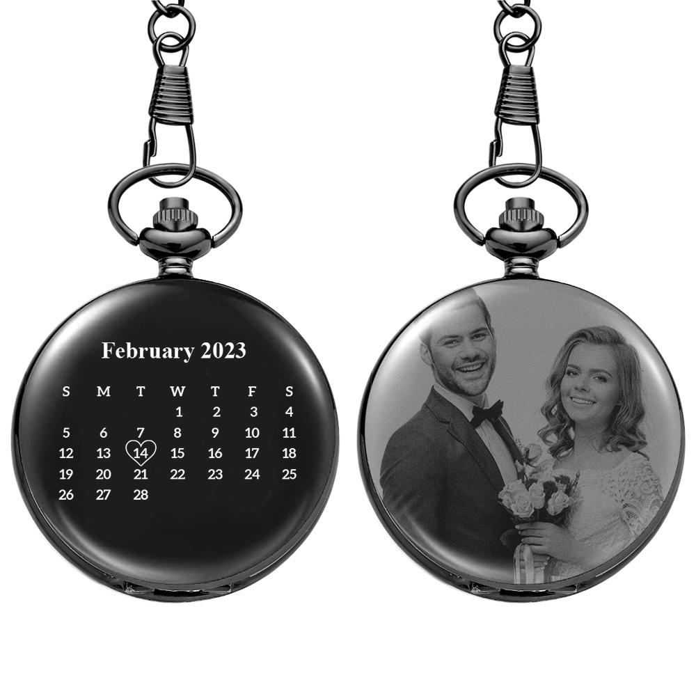 Pocket Watch Engraved Photo Custom Calendar Anniversary Personalised Gift for Couple - soufeeluk