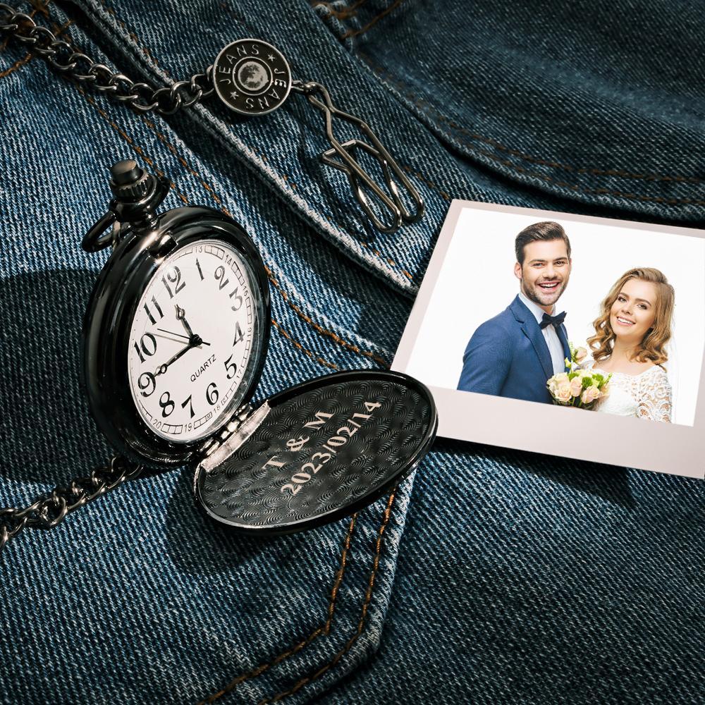 Pocket Watch Engraved Photo Custom Calendar Anniversary Personalised Gift for Couple - soufeeluk