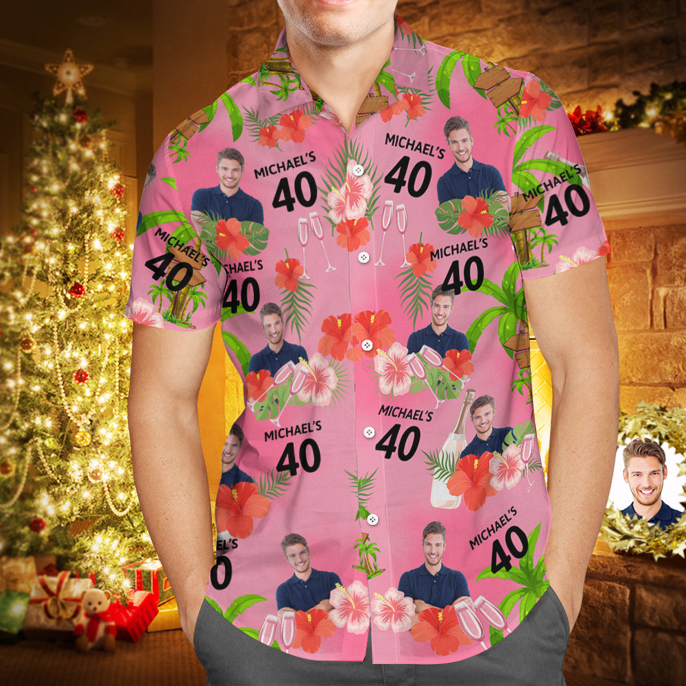 Custom Pink Date and Name Birthday Face Hawaiian Shirt  Red Flower and Coconut Tree Hawaiian Shirt - MyHawaiianShirts
