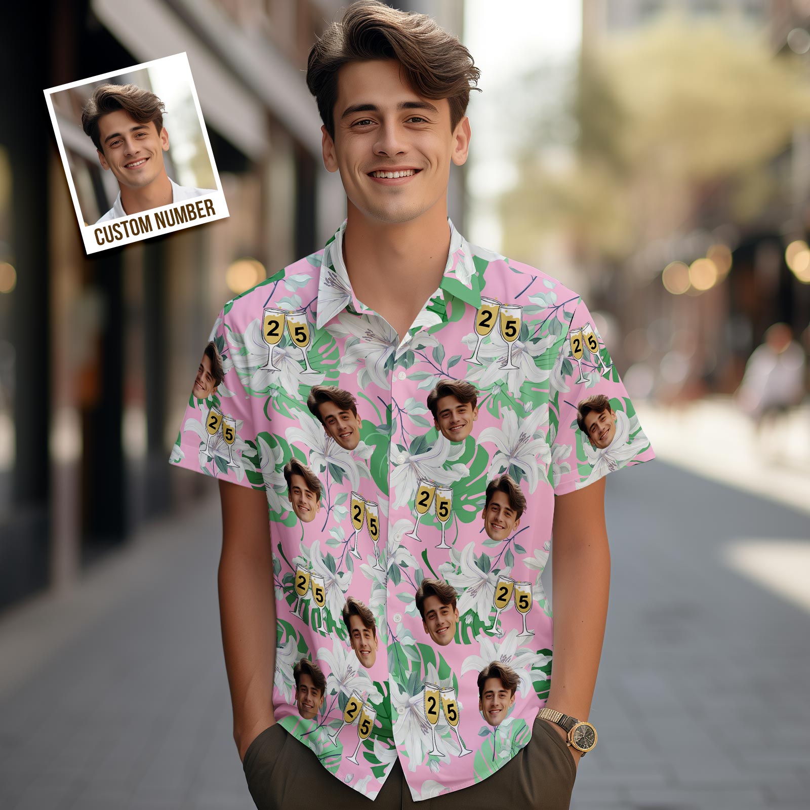 Custom Face Hawaiian Shirt Number in Wine Glass Pink And Green Sleeves Face Hawaiian Shirt Gift for Him
