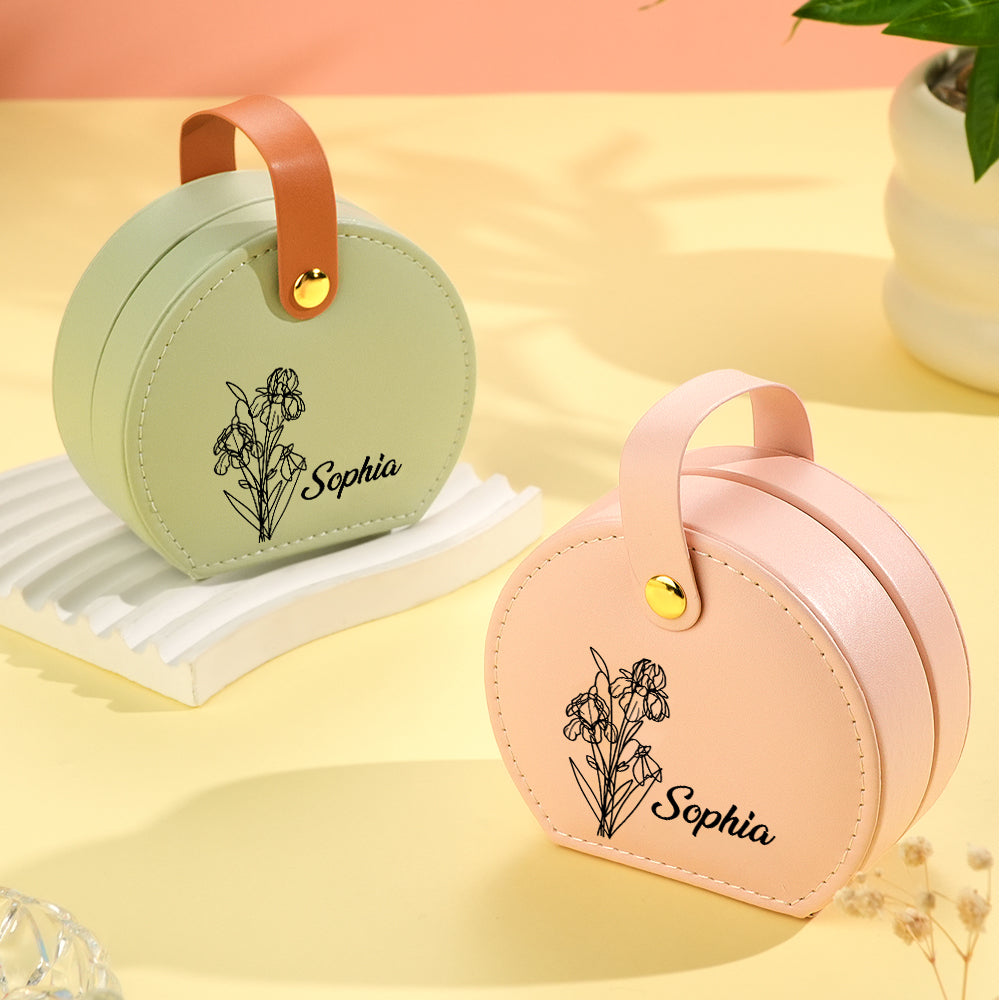 Personalized Birth Flower Leather Jewelry Box with Name Jewelry Box Gift for Her - soufeeluk
