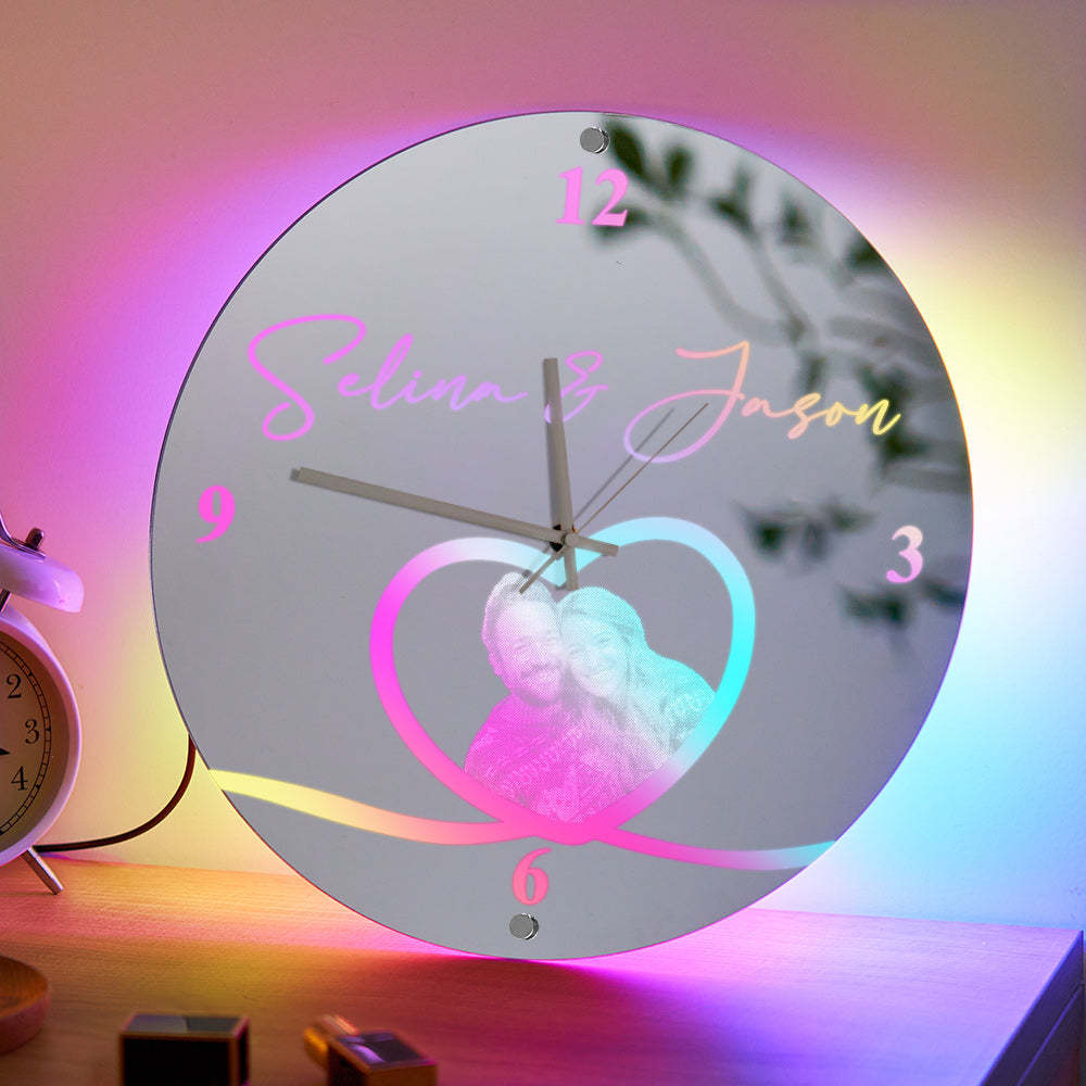 Custom Photo Clock Personalised Name Mirror Light Wall Decor - soufeeluk
