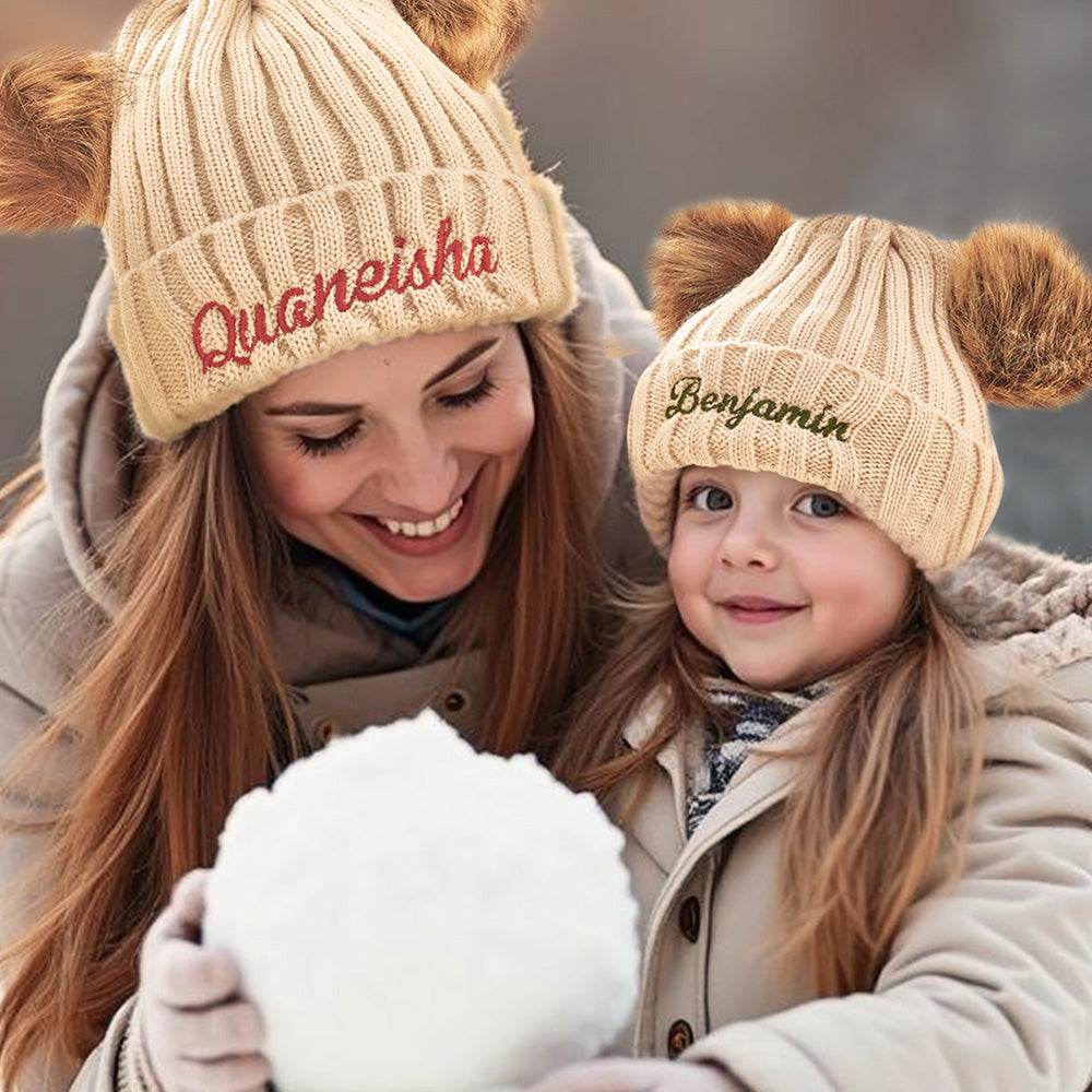 Personalized Mom and Baby Warm Beanie Hats Cotton Knitted Parent-Child Hat with Embroidered Names - soufeeluk