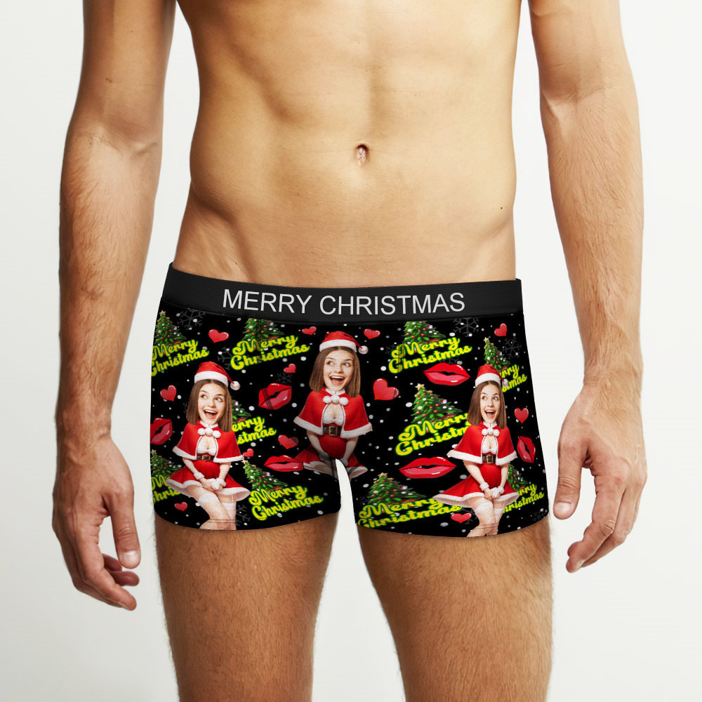 Custom Photo Boxer Santa Woman Face Underwear Couple Gifts Christmas Gift AR View - soufeeluk