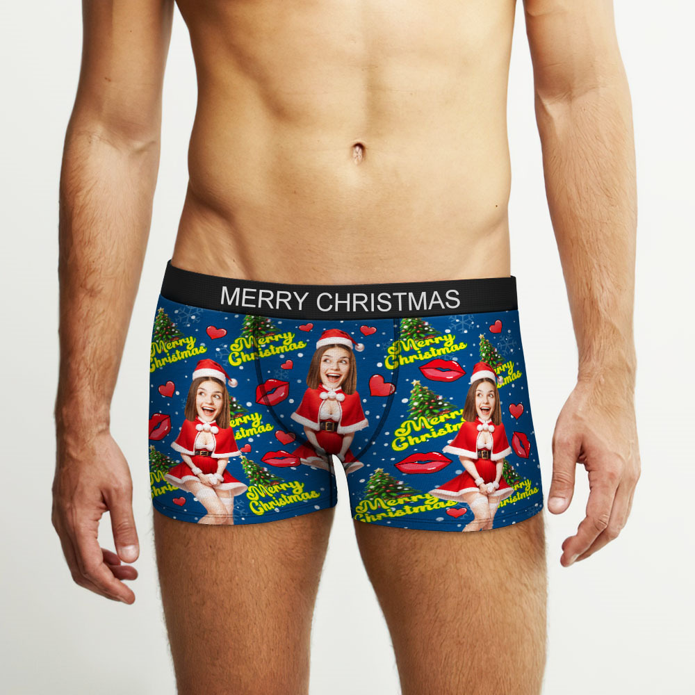 Custom Photo Boxer Santa Woman Face Underwear Couple Gifts Christmas Gift AR View - soufeeluk