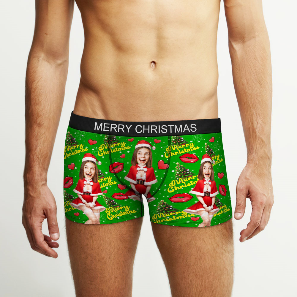 Custom Photo Boxer Santa Woman Face Underwear Couple Gifts Christmas Gift AR View - soufeeluk