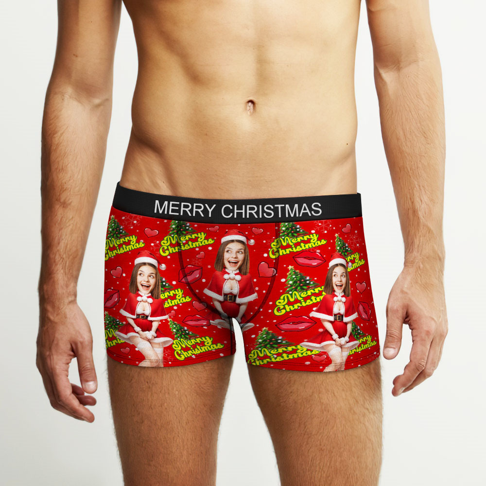 Custom Photo Boxer Santa Woman Face Underwear Couple Gifts Christmas Gift AR View - soufeeluk