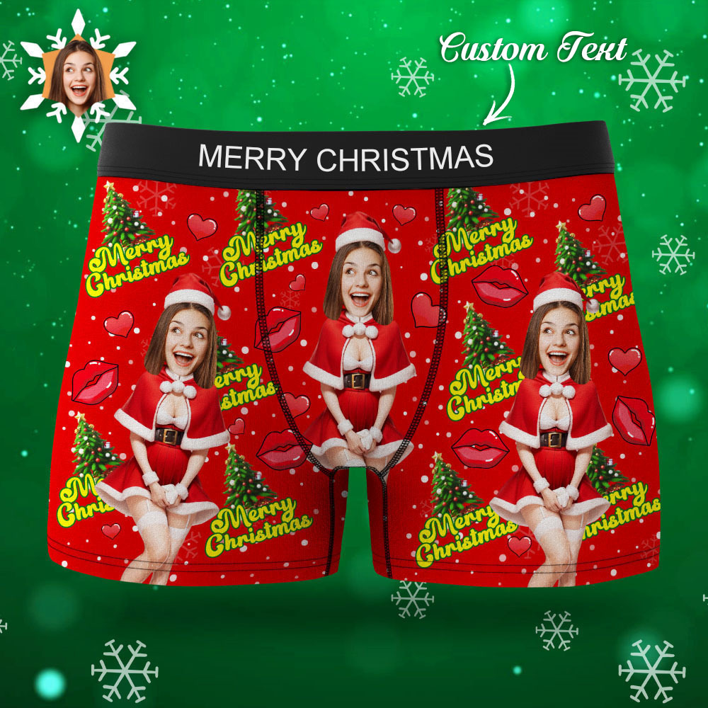Custom Photo Boxer Santa Woman Face Underwear Couple Gifts Christmas Gift AR View - soufeeluk
