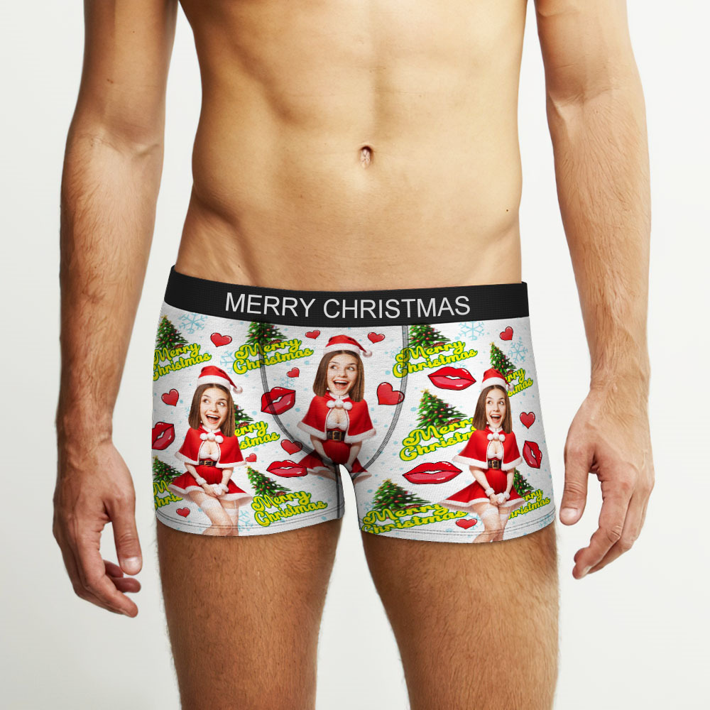 Custom Photo Boxer Santa Woman Face Underwear Couple Gifts Christmas Gift AR View - soufeeluk