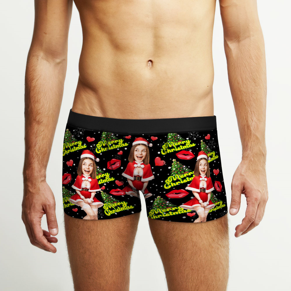 Custom Photo Boxer Santa Woman Face Underwear Couple Gifts Christmas Gift AR View - soufeeluk