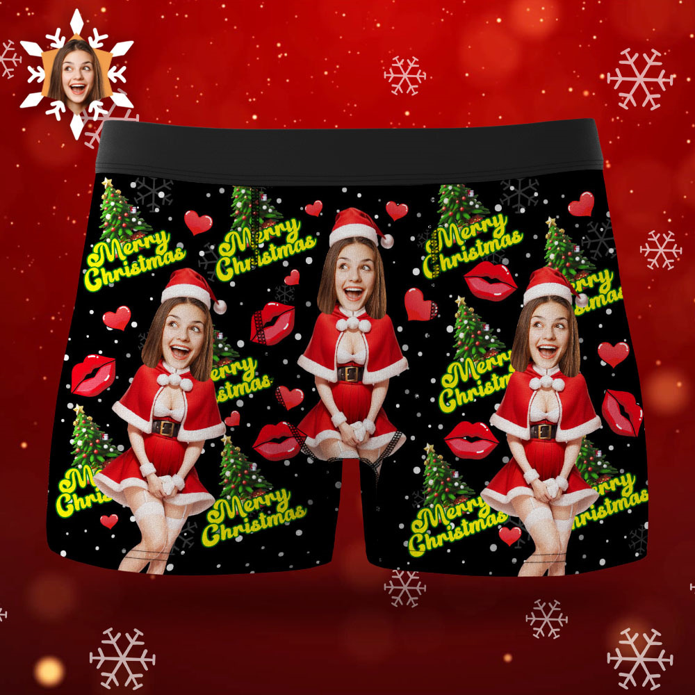 Custom Photo Boxer Santa Woman Face Underwear Couple Gifts Christmas Gift AR View - soufeeluk