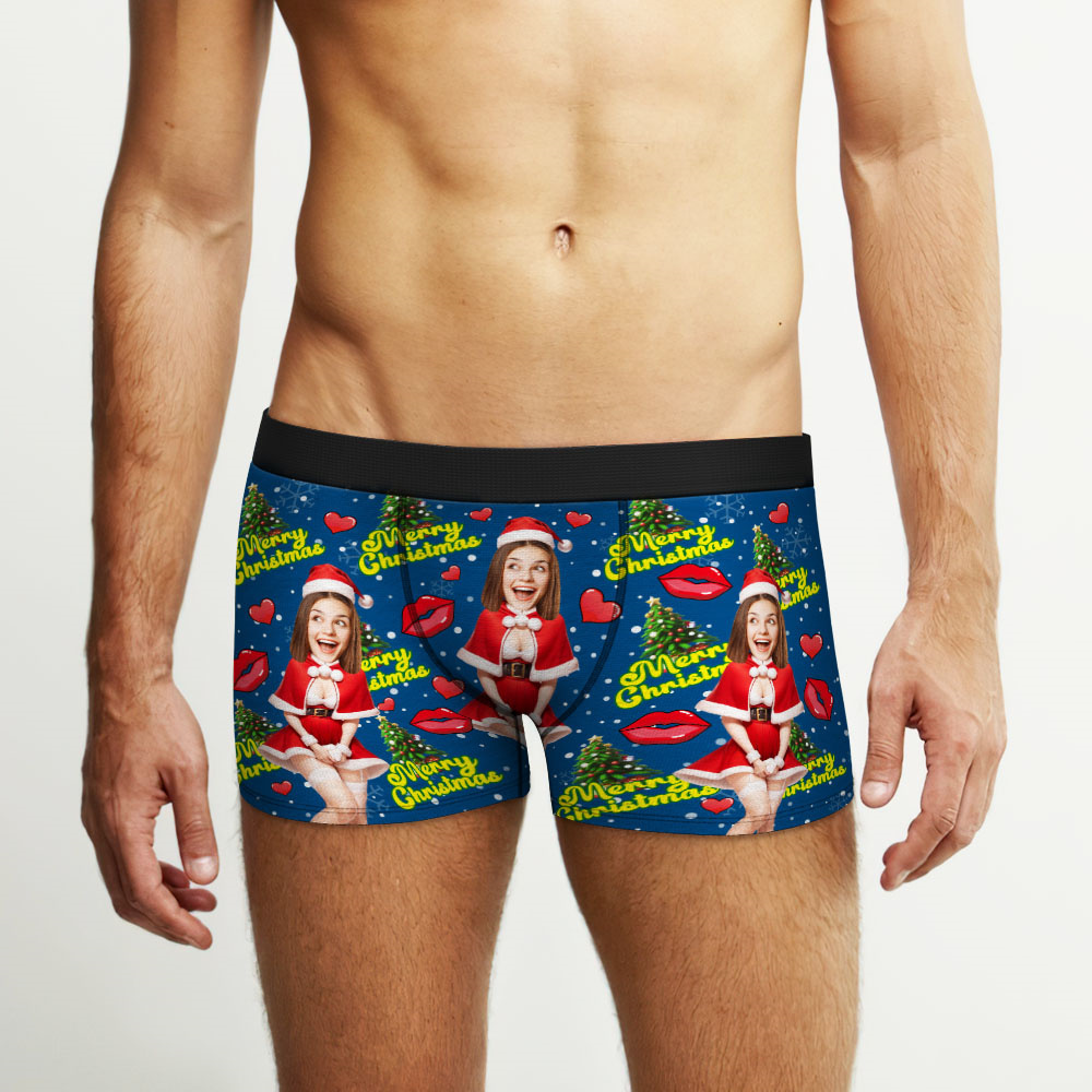 Custom Photo Boxer Santa Woman Face Underwear Couple Gifts Christmas Gift AR View - soufeeluk