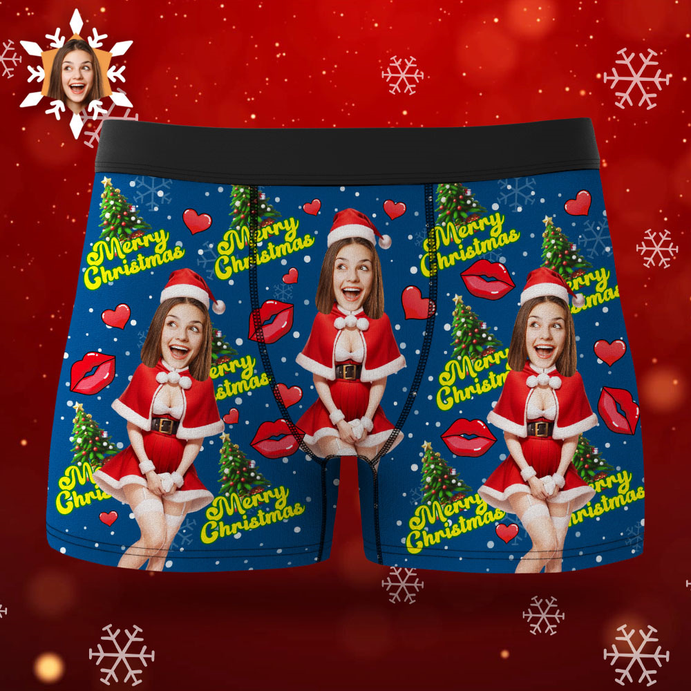 Custom Photo Boxer Santa Woman Face Underwear Couple Gifts Christmas Gift AR View - soufeeluk