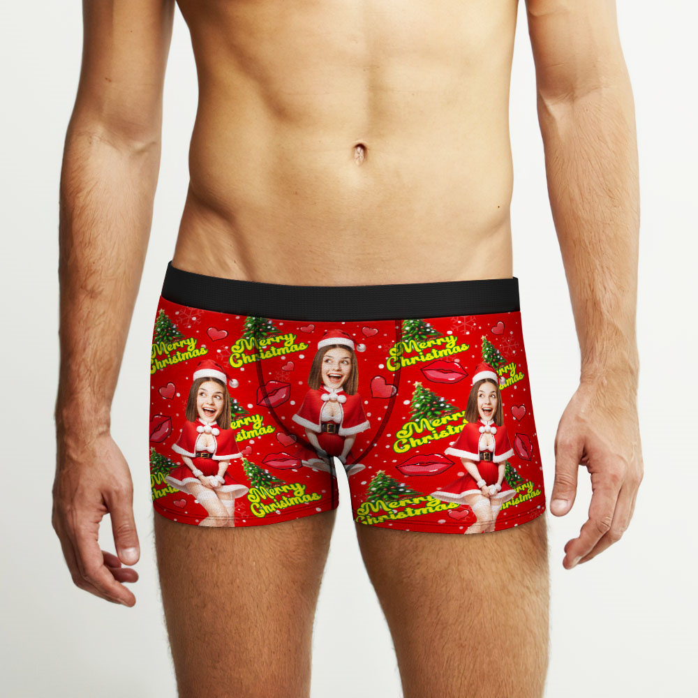 Custom Photo Boxer Santa Woman Face Underwear Couple Gifts Christmas Gift AR View - soufeeluk
