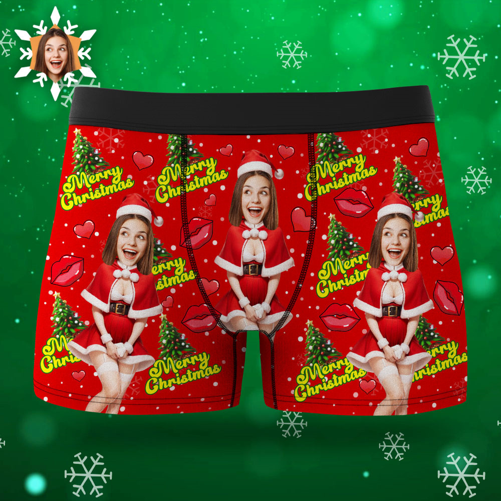 Custom Photo Boxer Santa Woman Face Underwear Couple Gifts Christmas Gift AR View - soufeeluk