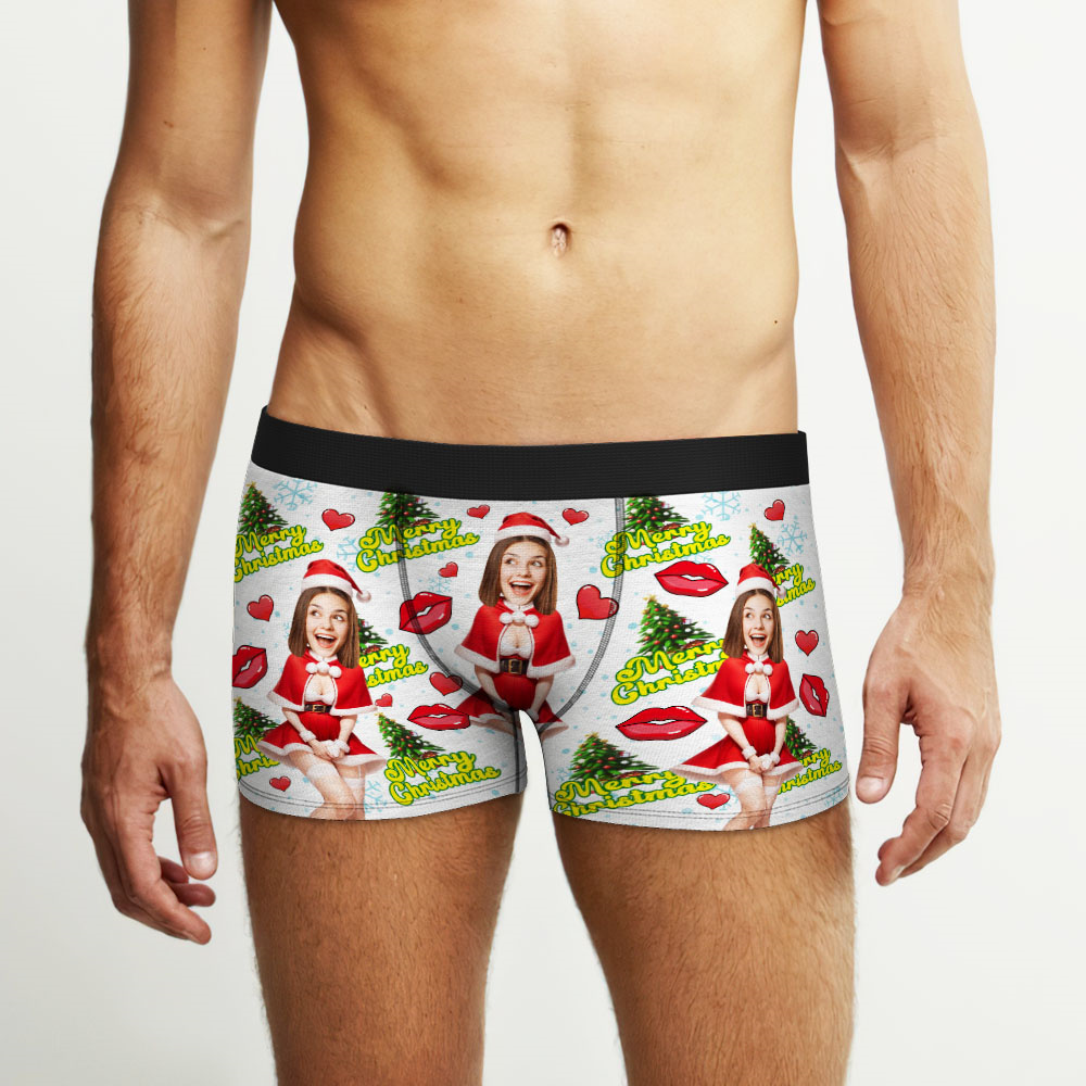 Custom Photo Boxer Santa Woman Face Underwear Couple Gifts Christmas Gift AR View - soufeeluk
