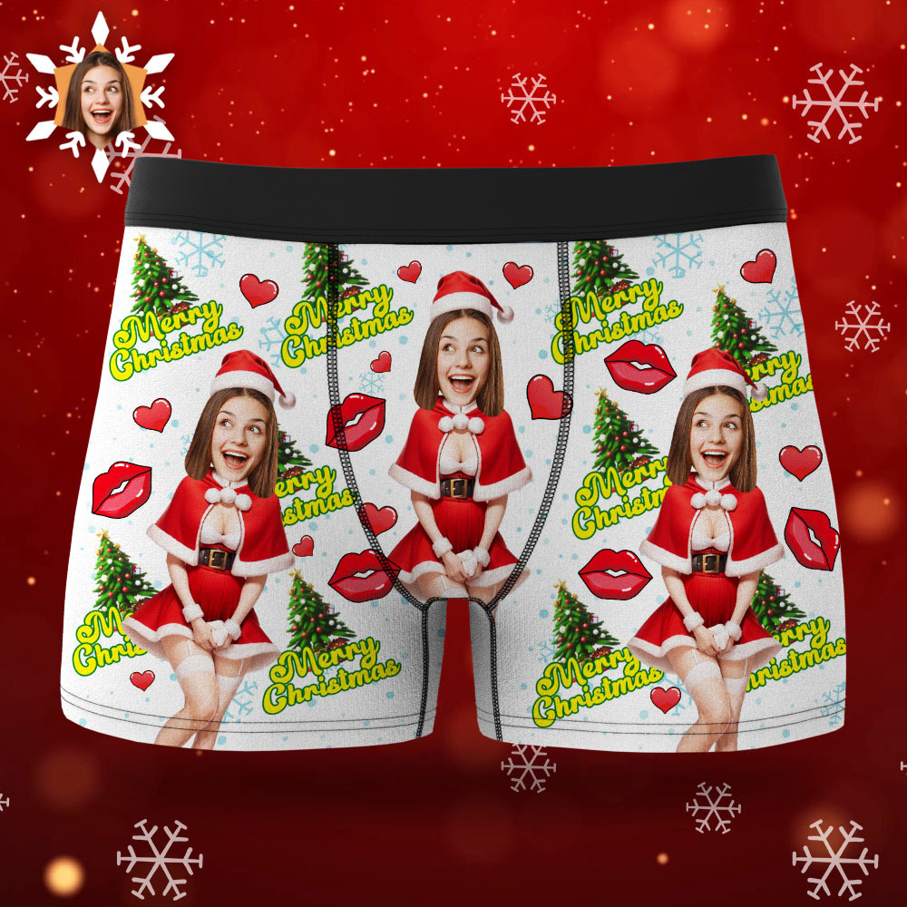 Custom Photo Boxer Santa Woman Face Underwear Couple Gifts Christmas Gift AR View - soufeeluk