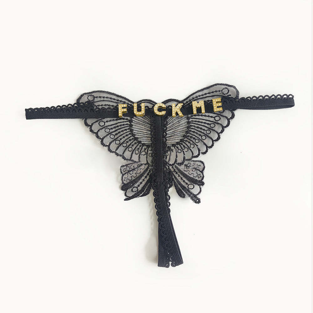 Custom Lace Hollow Butterfly Sexy Low Waist Panty with Jewellery Crystal Letter Name Open Cut Thong Underpants Women's Underwear - soufeeluk