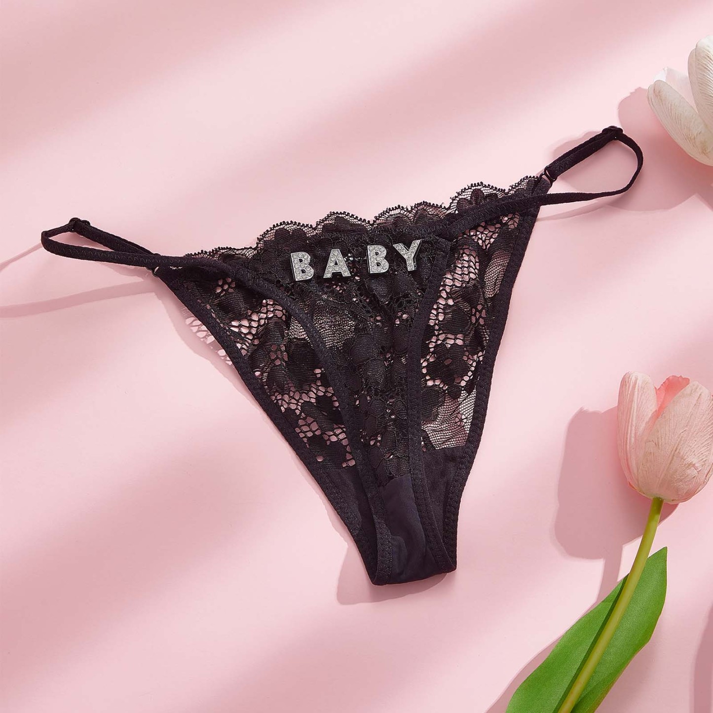 Custom Rhinestone Alphabet Thong Edge French Temptation Hollow Women's Underwear - soufeeluk