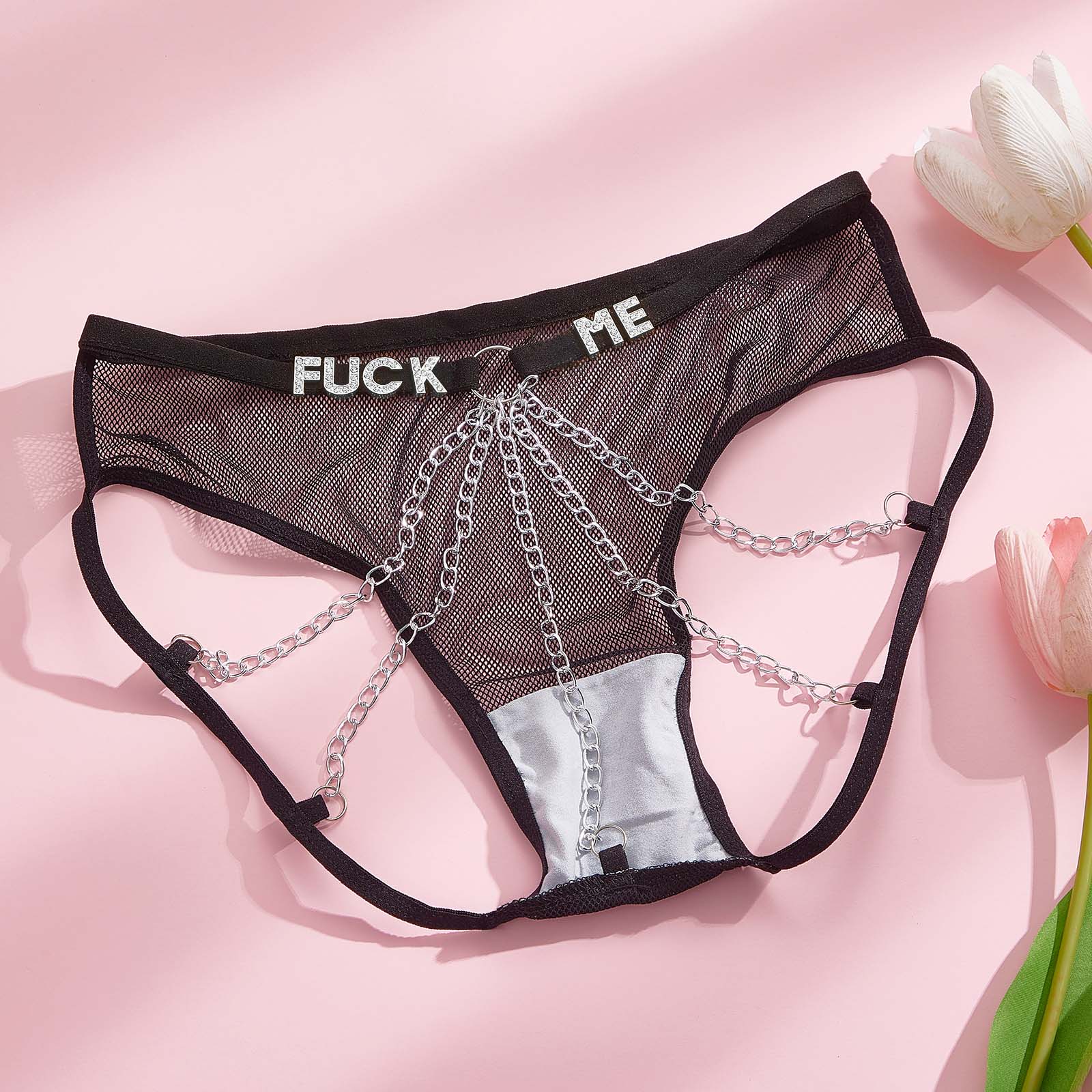 Custom Rhinestone Alphabet Thong Mesh Sexy Mesh Chain - soufeeluk