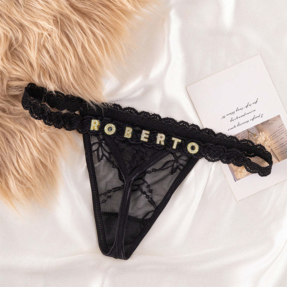 Custom Lace Thongs with Jewellery Crystal Letter Name Gift for Her