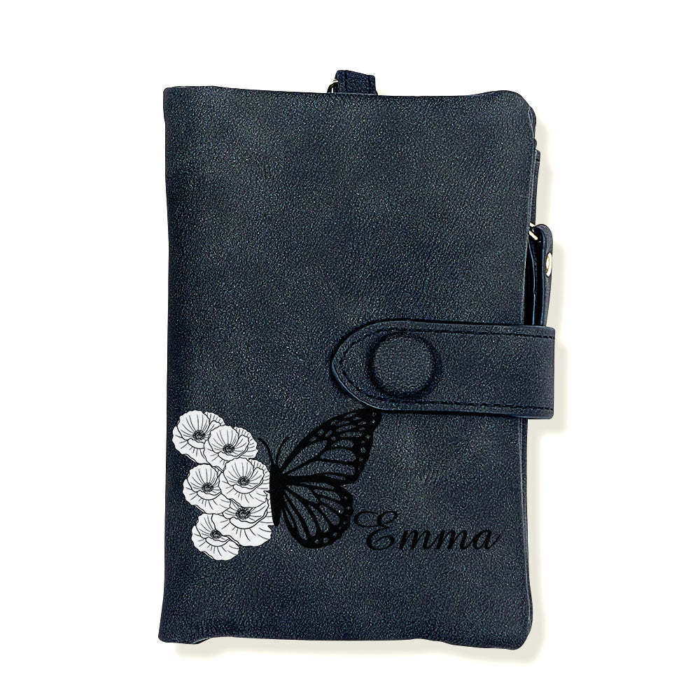 Custom Tri-Fold Butterfly Birth Flower Leather Wallet with Coin Holder Personalised Mother's Day Gift for Woman - soufeeluk