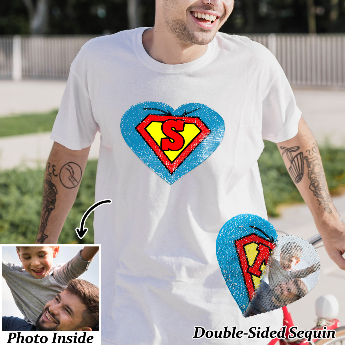 Custom Photo Heart Flip Double Sided Sequin T-shirt Personalized Picture Sequin Tee Father's Day Gifts Super Dad - soufeeluk