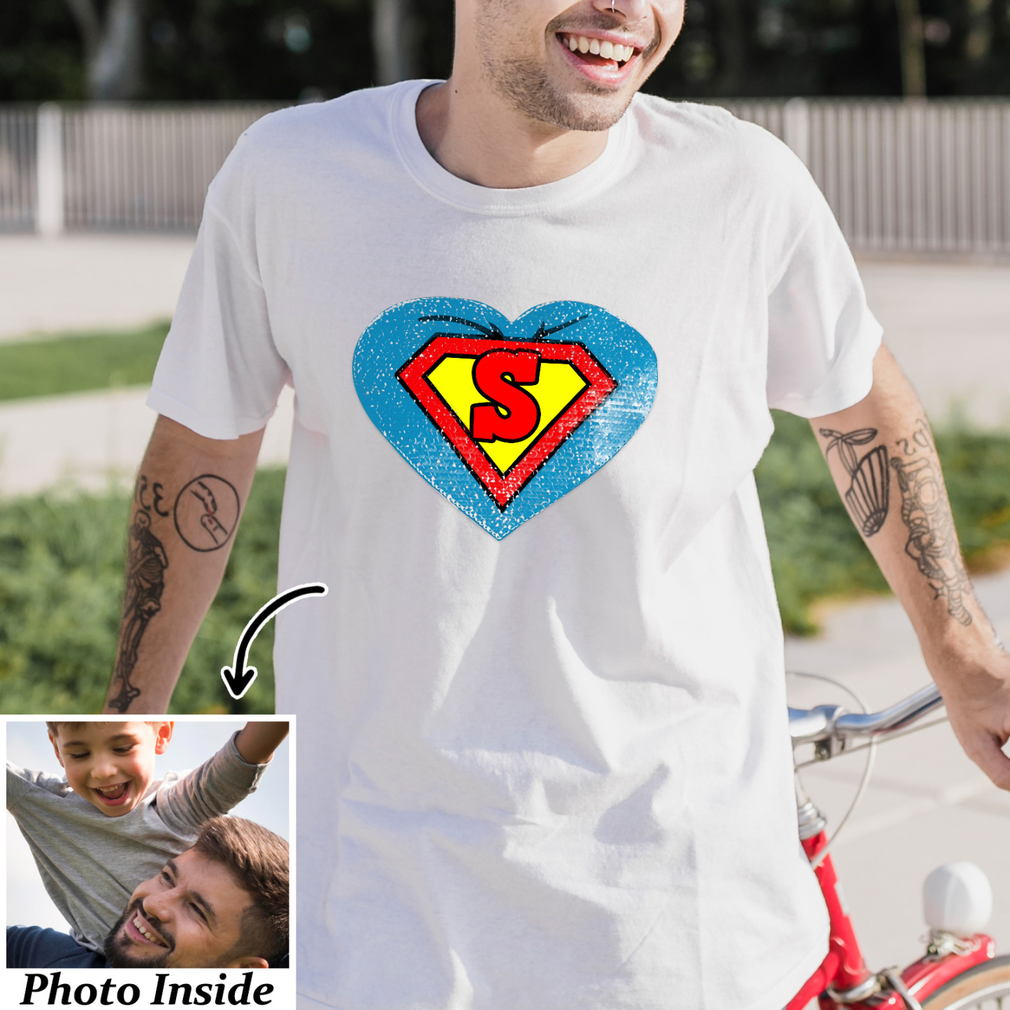 Custom Photo Heart Flip Double Sided Sequin T-shirt Personalized Picture Sequin Tee Father's Day Gifts Super Dad - soufeeluk