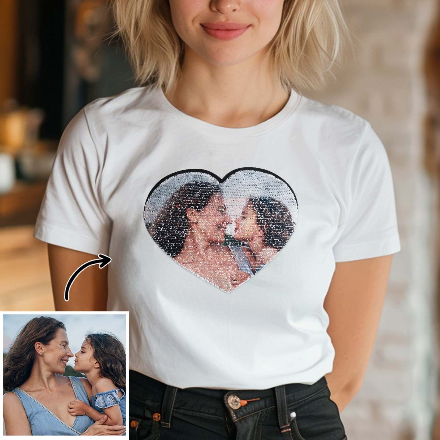 Custom Photo Heart Flip Double Sided Sequin T-shirt Personalised Picture Sequin Tee Mother's Day Gifts - soufeeluk