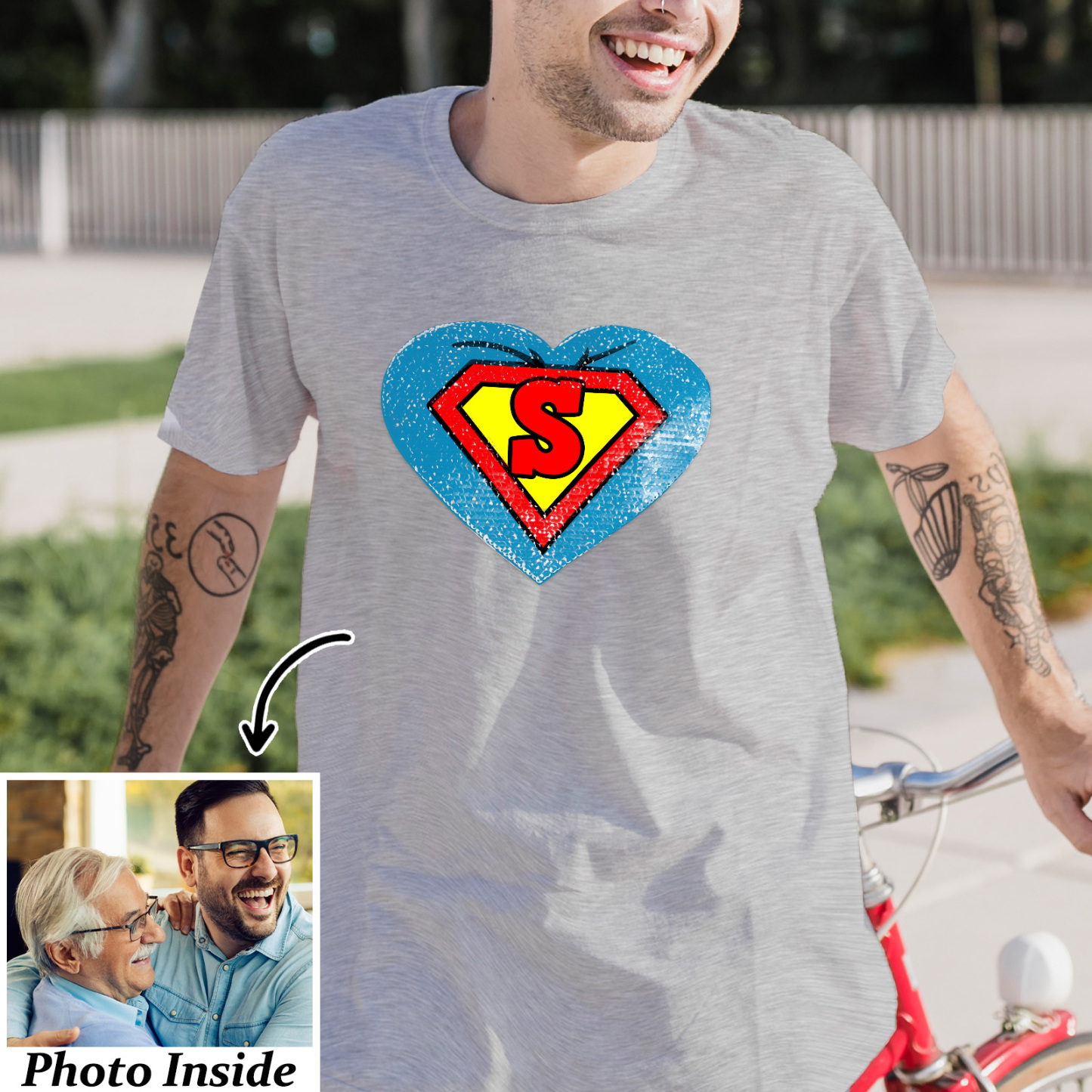 Custom Photo Heart Flip Double Sided Sequin T-shirt Personalized Picture Sequin Tee Father's Day Gifts Super Dad - soufeeluk