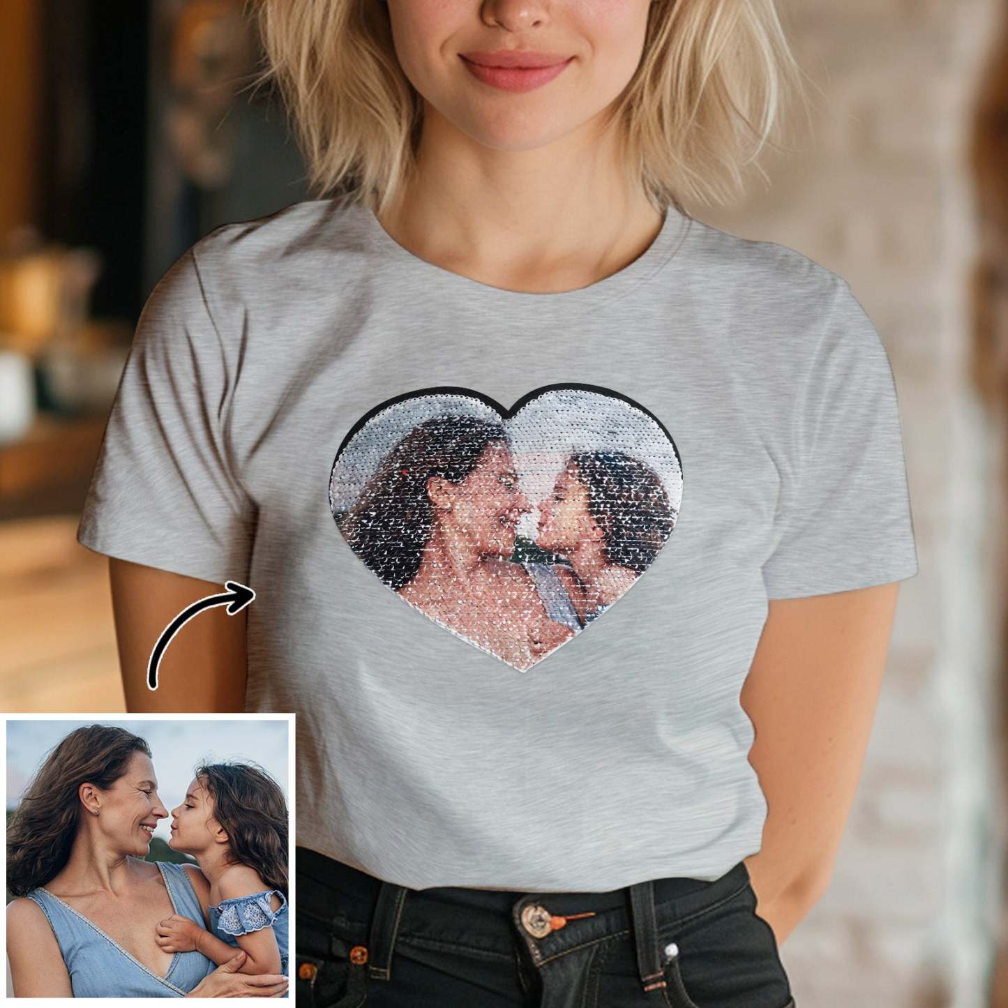 Custom Photo Heart Flip Double Sided Sequin T-shirt Personalised Picture Sequin Tee Mother's Day Gifts - soufeeluk