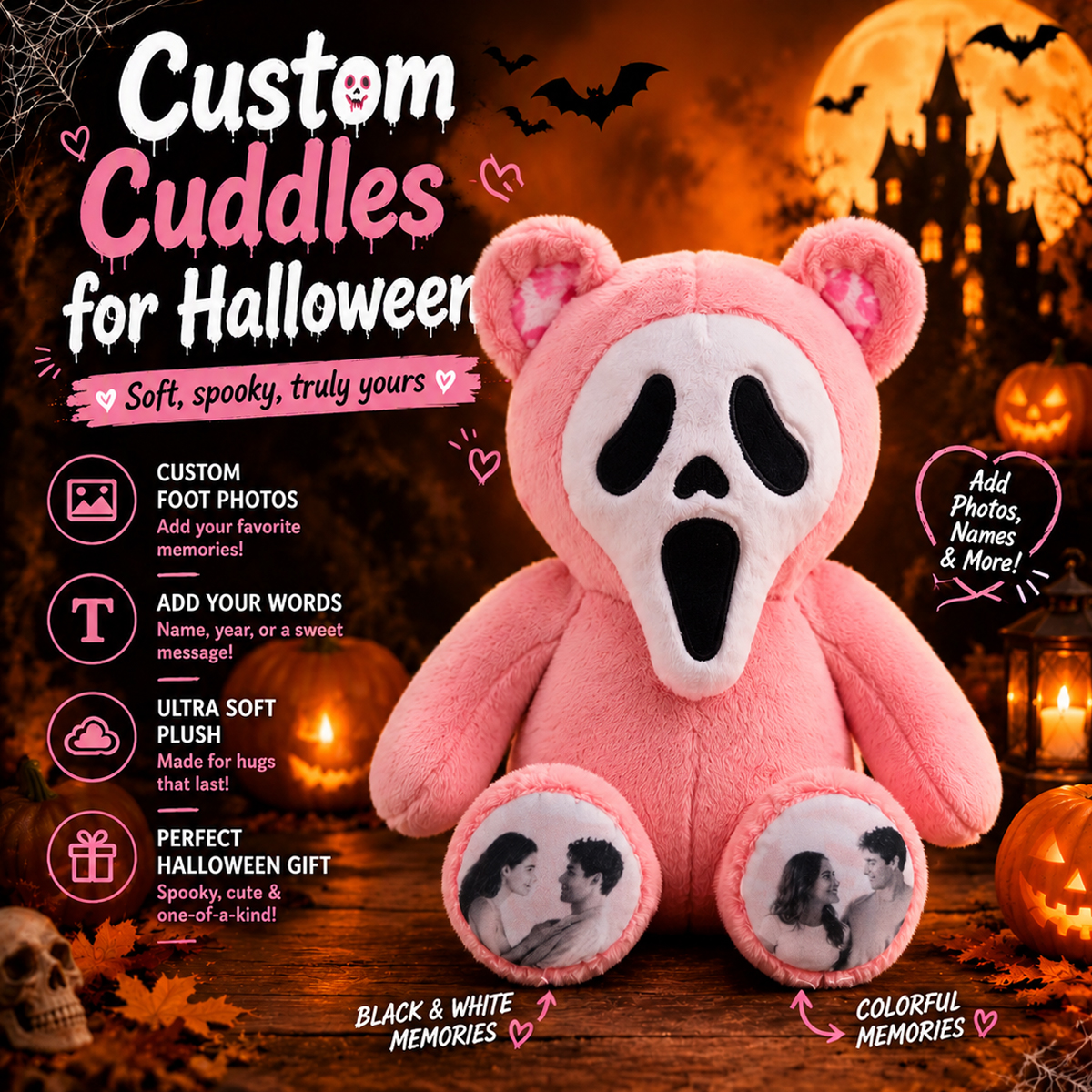 Custom Photo Ghost Bear Plush Personalized Halloween Teddy Bear Spooky Ghost Face Stuffed Animal Couple Photo Paw Gift