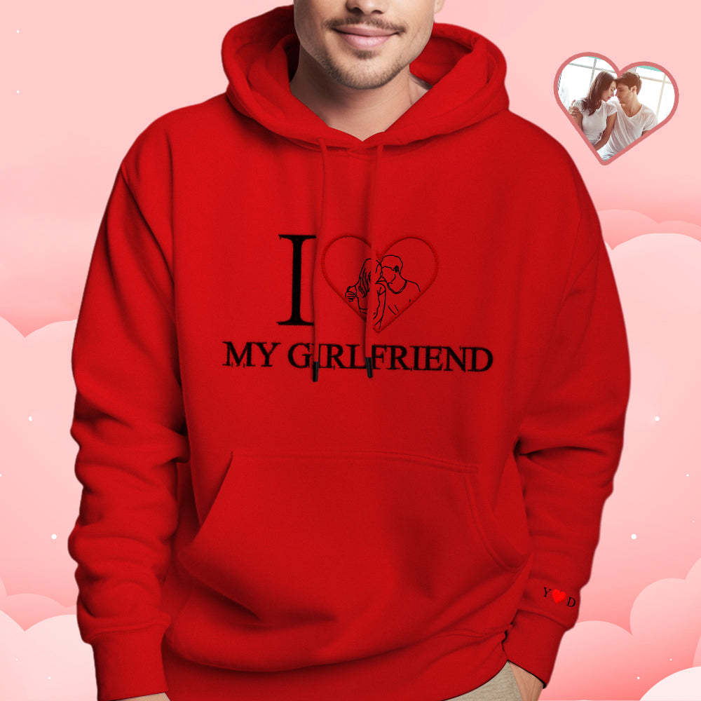 Personalised Embroidered Photo Outline Hoodie Red Heart Custom Picture Portrait Sweatshirt Valentine Gift - soufeeluk