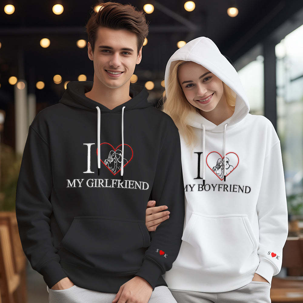 Personalised Embroidered Photo Outline Hoodie Red Heart Custom Picture Portrait Sweatshirt Valentine Gift - soufeeluk