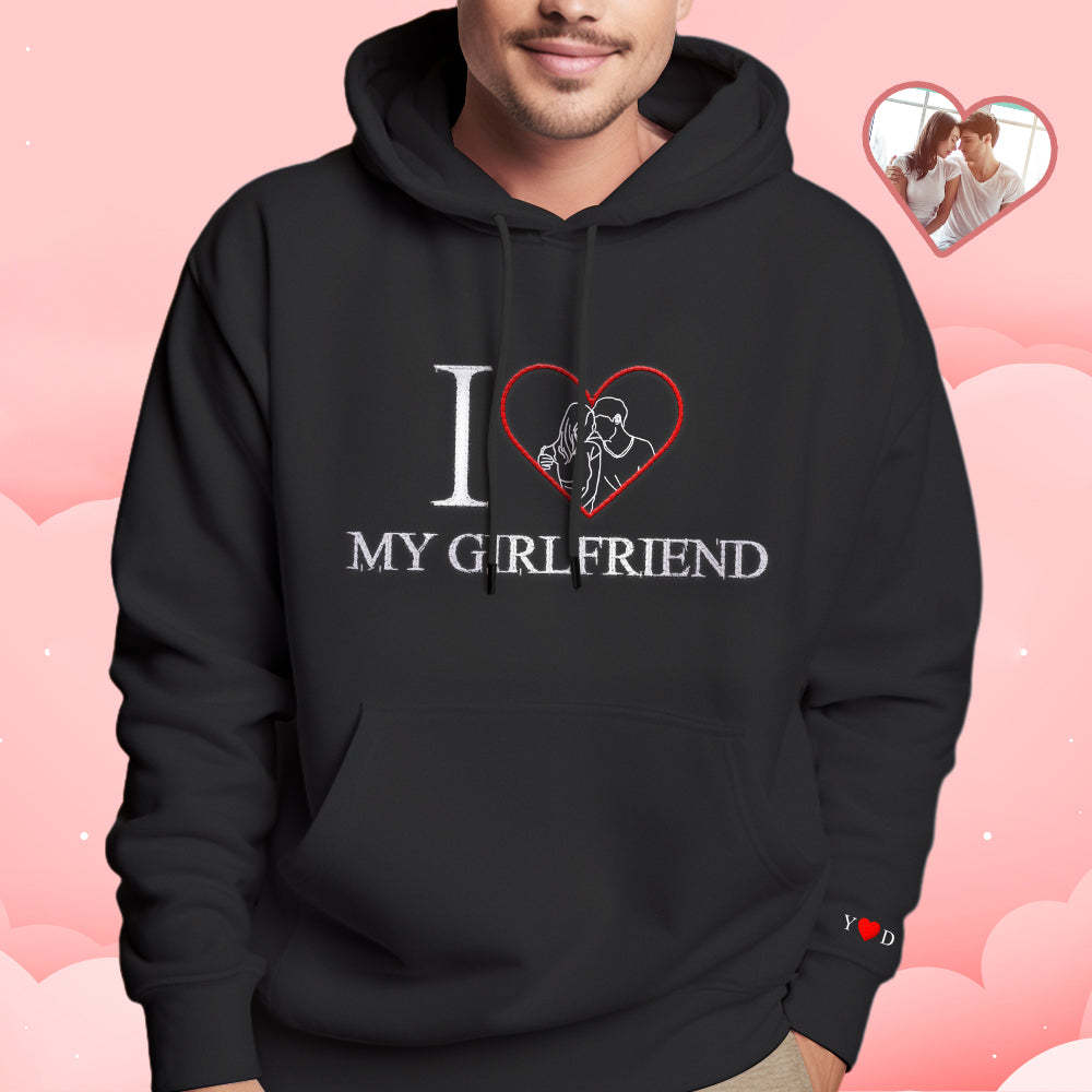 Personalised Embroidered Photo Outline Hoodie Red Heart Custom Picture Portrait Sweatshirt Valentine Gift - soufeeluk