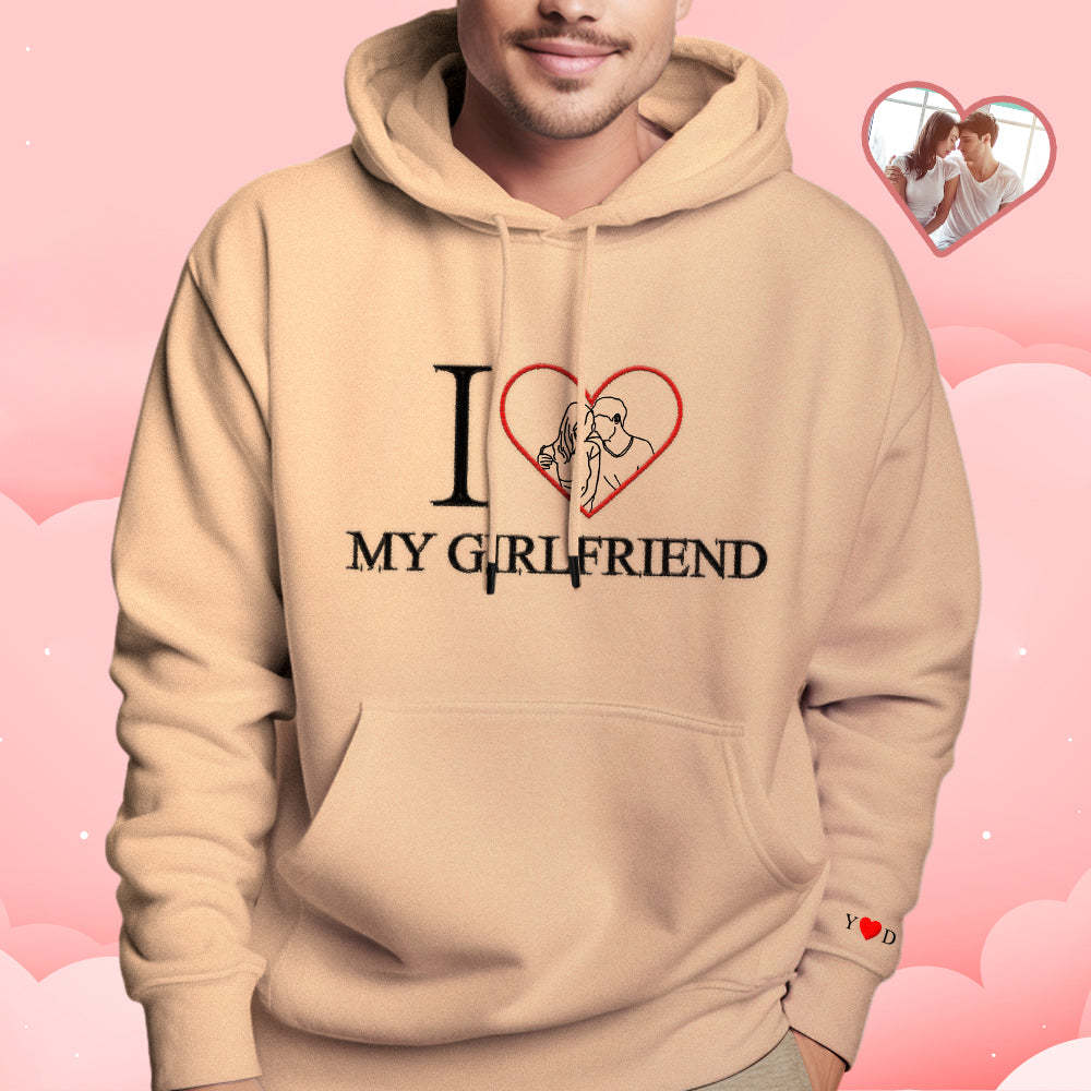 Personalised Embroidered Photo Outline Hoodie Red Heart Custom Picture Portrait Sweatshirt Valentine Gift - soufeeluk