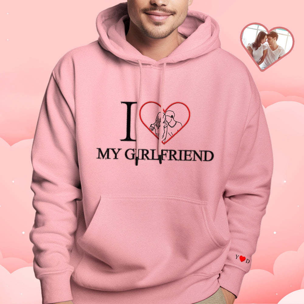 Personalised Embroidered Photo Outline Hoodie Red Heart Custom Picture Portrait Sweatshirt Valentine Gift - soufeeluk