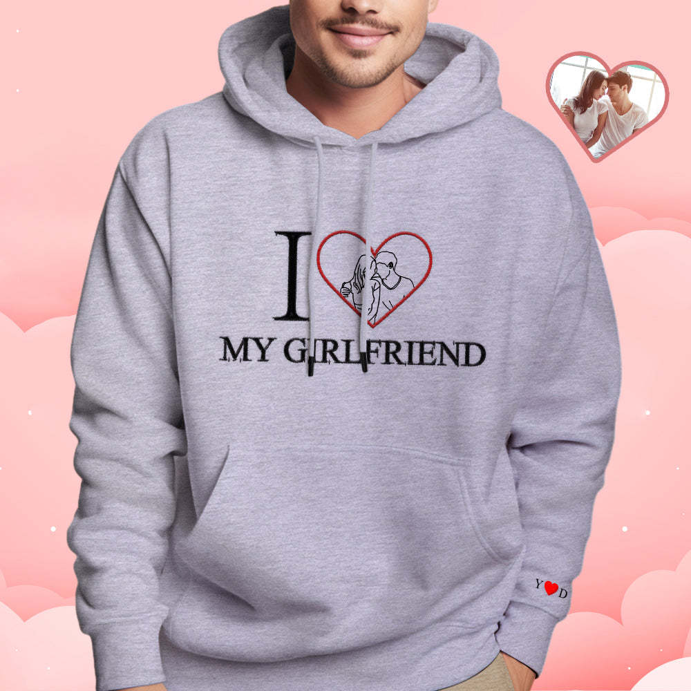 Personalised Embroidered Photo Outline Hoodie Red Heart Custom Picture Portrait Sweatshirt Valentine Gift - soufeeluk