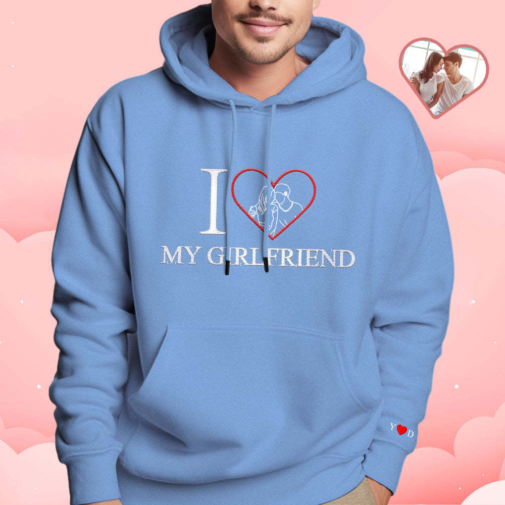 Personalised Embroidered Photo Outline Hoodie Red Heart Custom Picture Portrait Sweatshirt Valentine Gift - soufeeluk