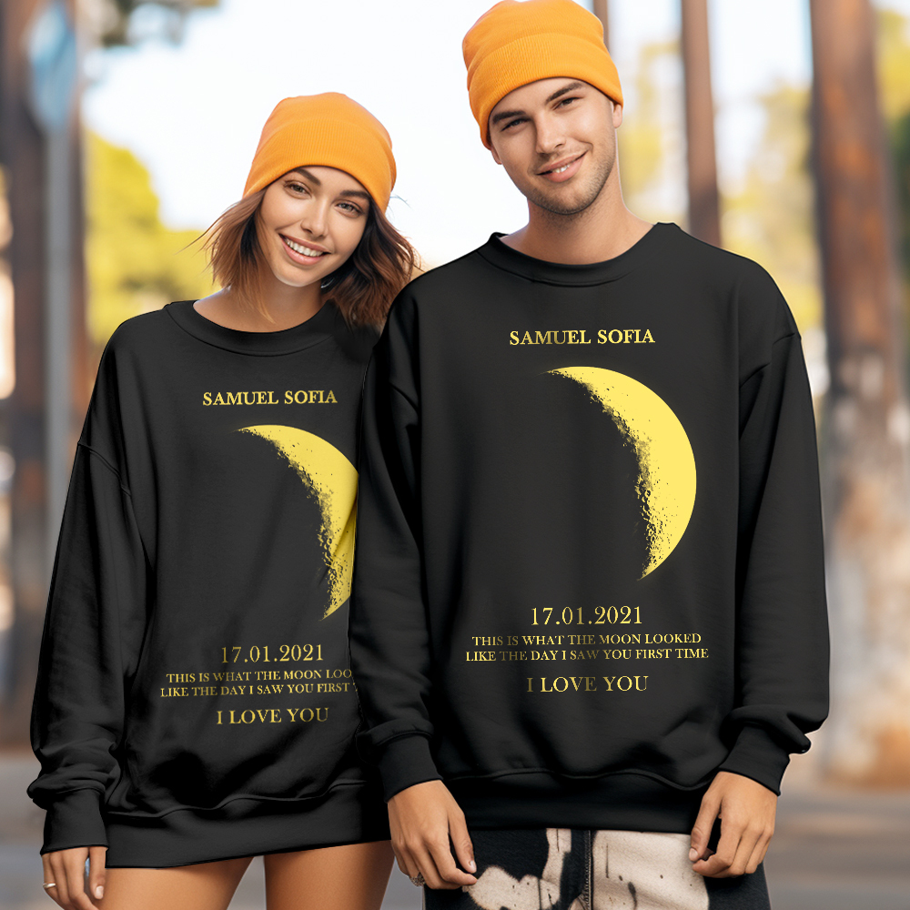 Custom Moon Phase Round Neck Unisex Sweatshirt Personalised Names Crewneck Sweatshirts Valentine's Day Gifts for Couple