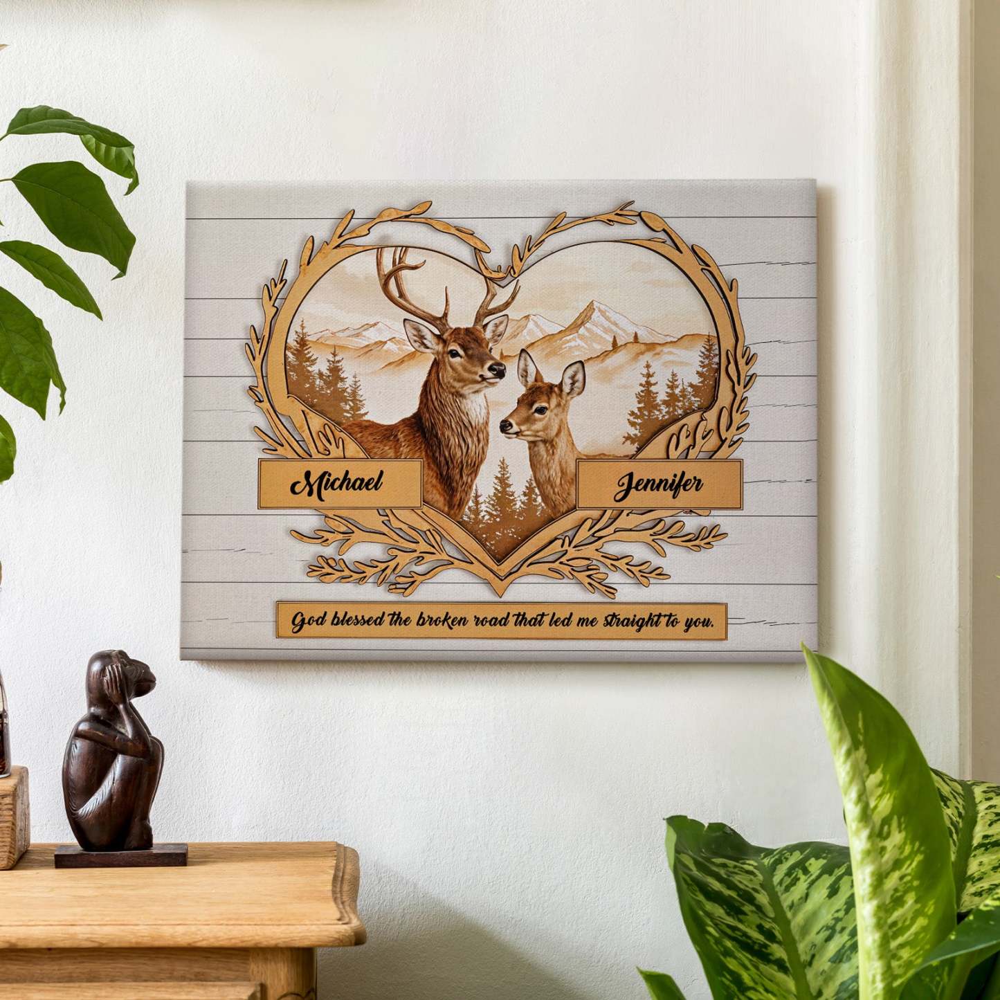 Custom Names Deer Love Mountains Premium Canvas Print Personalized Wall Decor Gift for Couple - soufeeluk