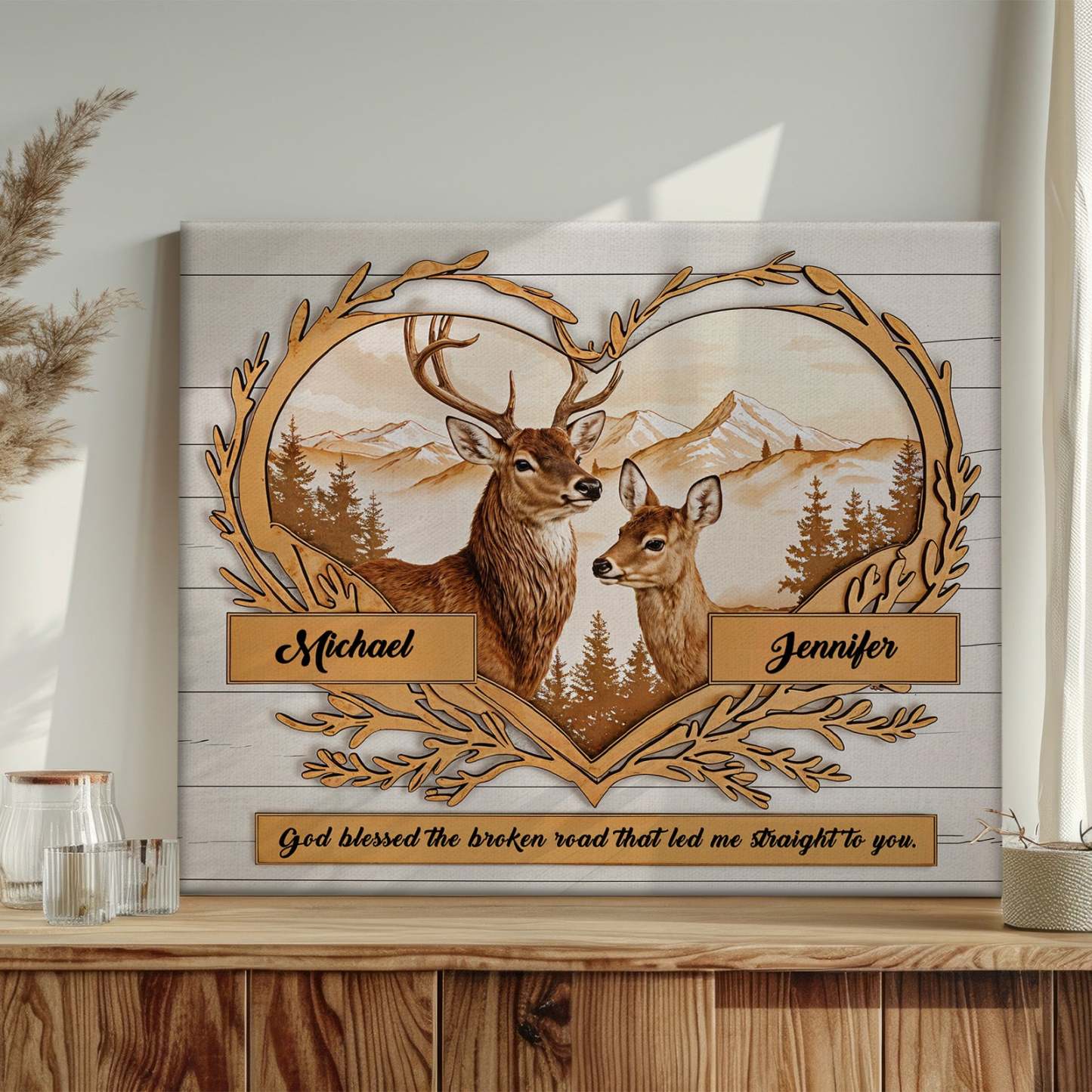 Custom Names Deer Love Mountains Premium Canvas Print Personalized Wall Decor Gift for Couple - soufeeluk