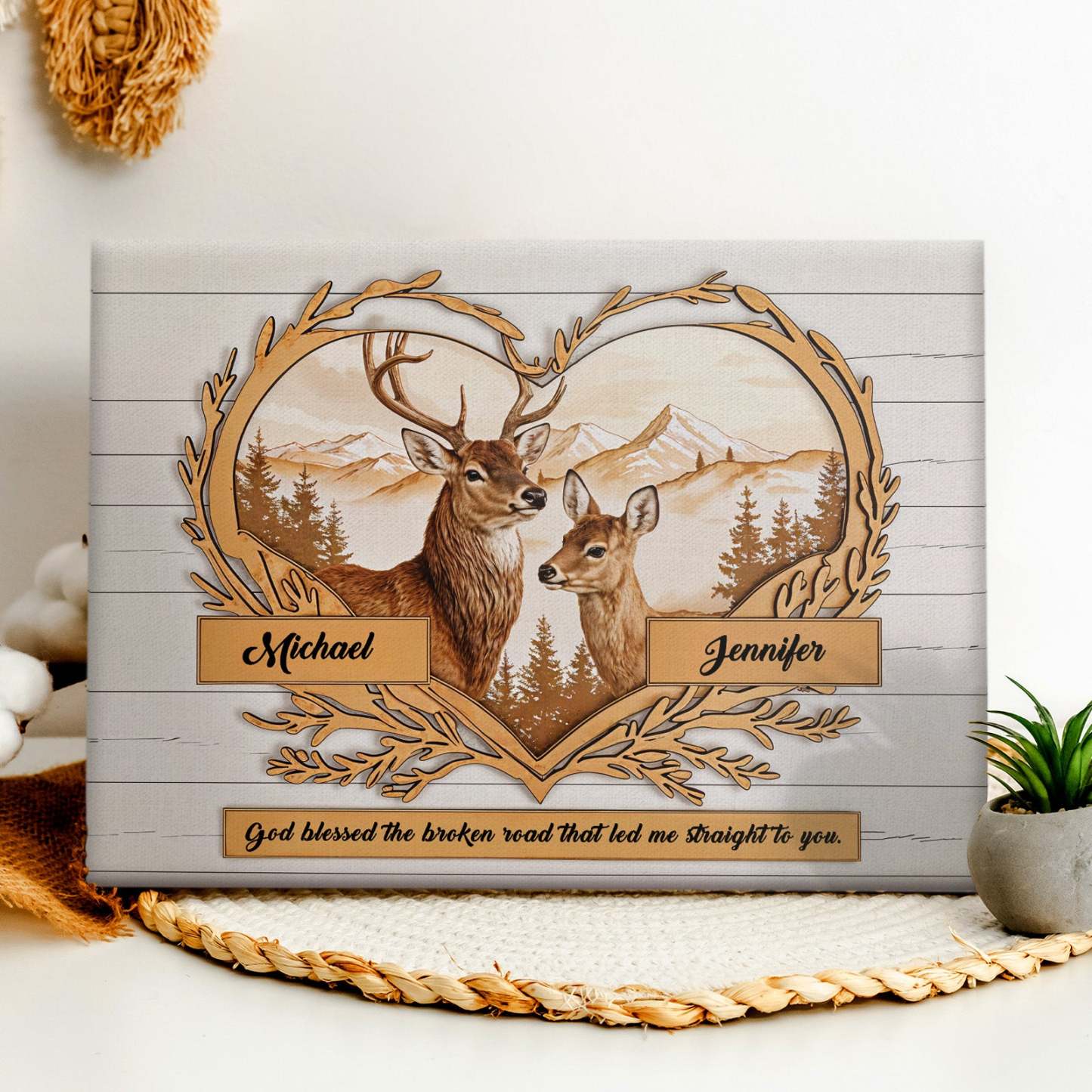 Custom Names Deer Love Mountains Premium Canvas Print Personalized Wall Decor Gift for Couple - soufeeluk