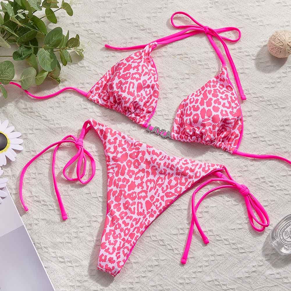 Custom Name Leopard Triangle Halter Bikini Sets Personalised Sexy DIY Crystal Letters Bikini - soufeeluk