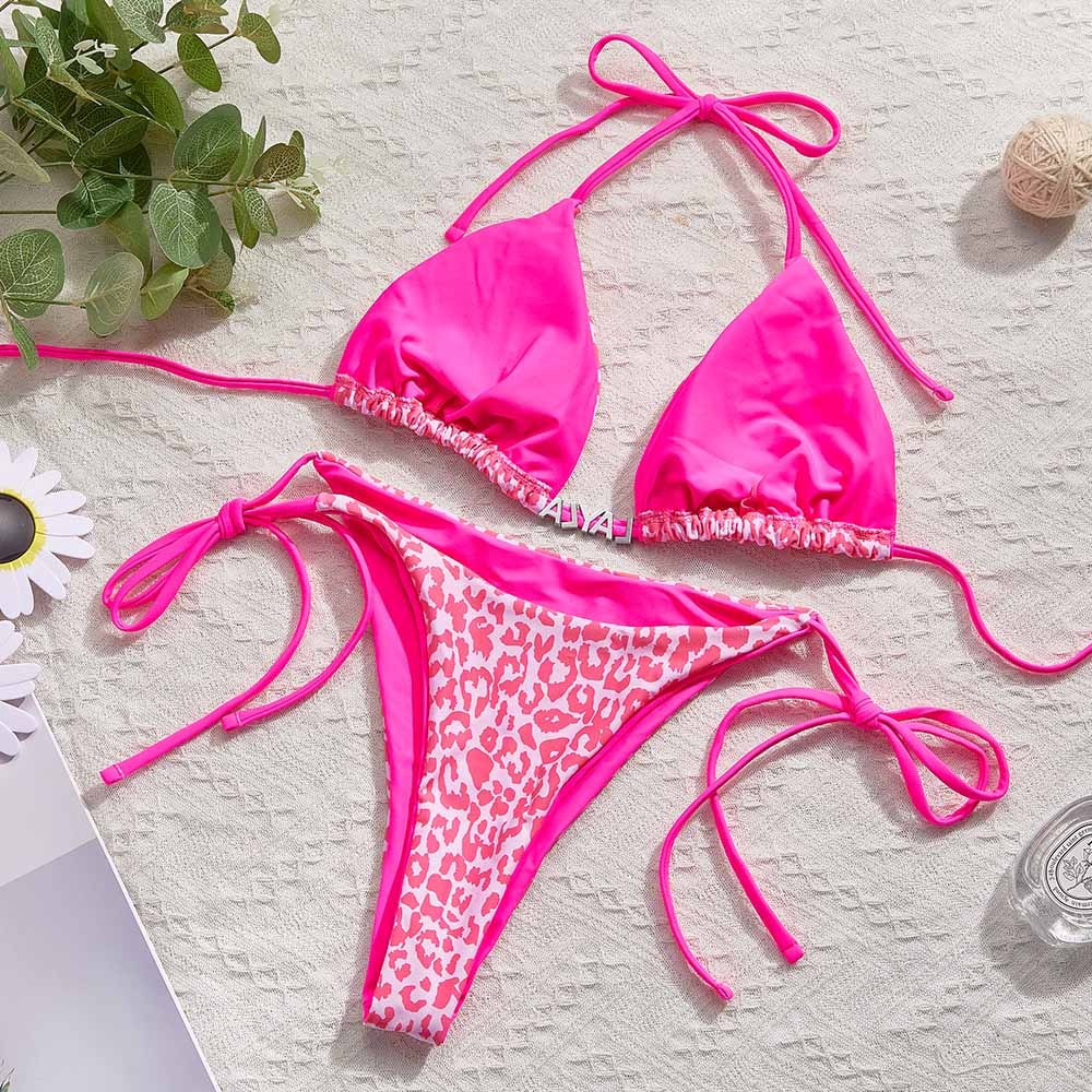 Custom Name Leopard Triangle Halter Bikini Sets Personalised Sexy DIY Crystal Letters Bikini - soufeeluk