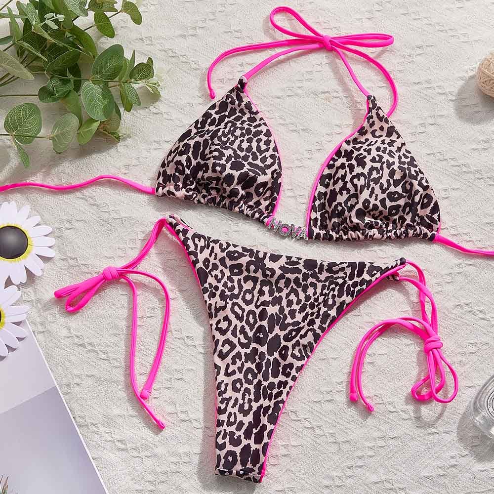 Custom Name Leopard Triangle Halter Bikini Sets Personalised Sexy DIY Crystal Letters Bikini - soufeeluk