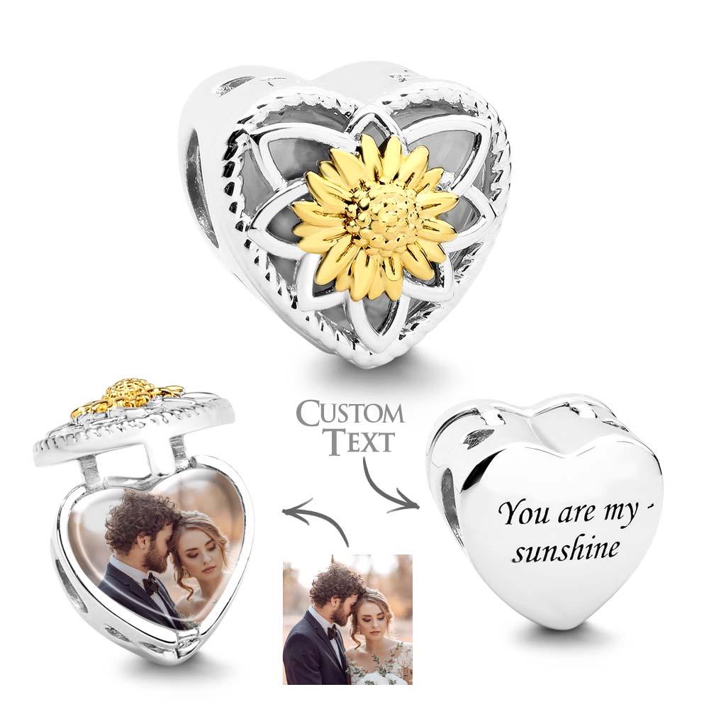 Sunflower Photo Charms Heart Shaped Christmas Charm Bead for Women Mothers Valentines Day Gift - soufeeluk