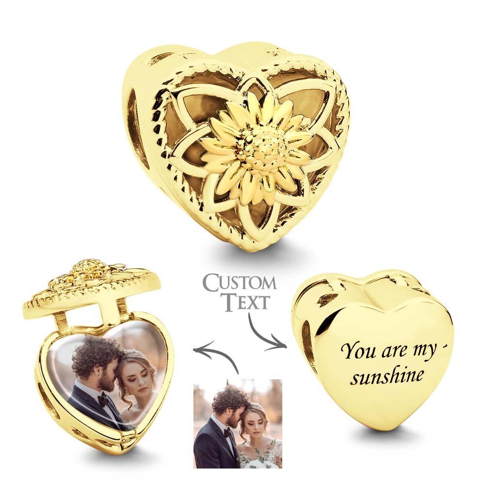 Sunflower Photo Charms Heart Shaped Christmas Charm Bead for Women Mothers Valentines Day Gift - soufeeluk