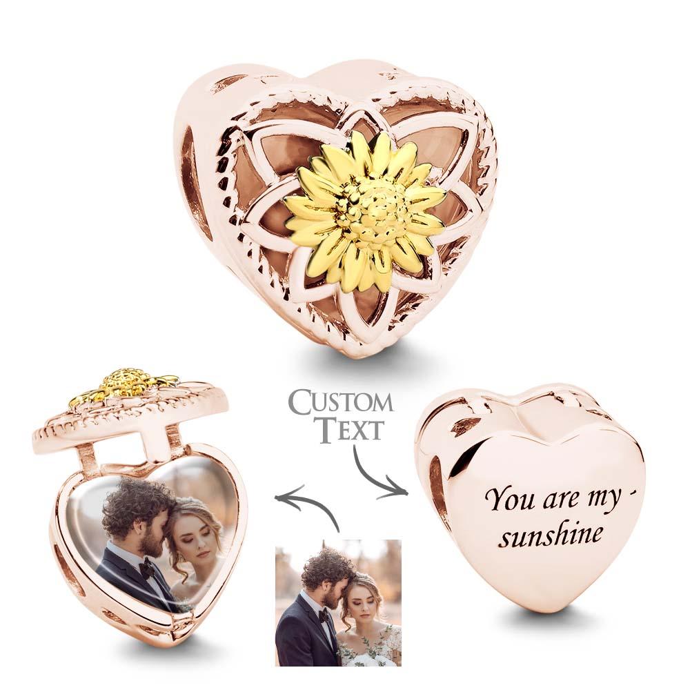 Sunflower Photo Charms Heart Shaped Christmas Charm Bead for Women Mothers Valentines Day Gift - soufeeluk