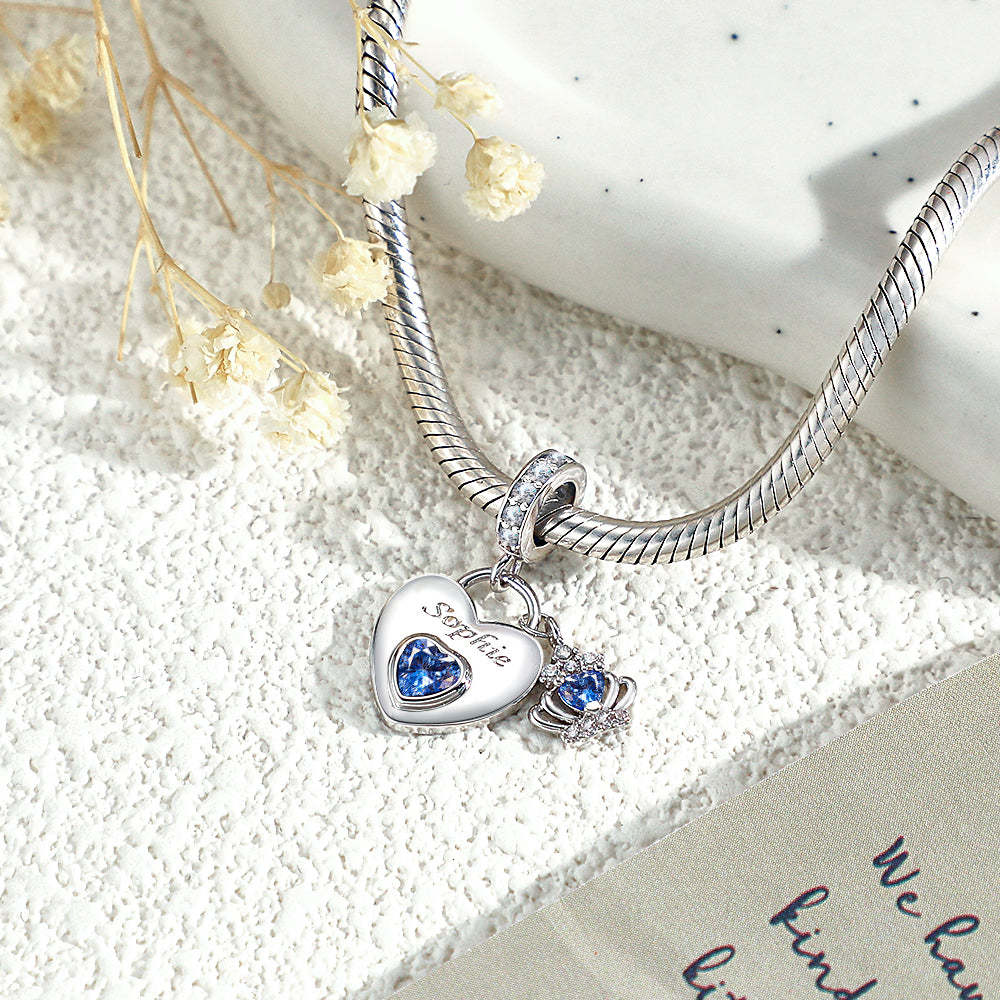 Custom Engraved Birthstone Charm Heart Crown Pendant Love Gift - soufeeluk